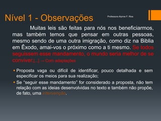 Nível 1 - Observações
 Proposta vaga ou difícil de identificar, pouco detalhada e sem
especificar os meios para sua realização;
 Se “seguir esse mandamento” for considerado a proposta, não tem
relação com as ideias desenvolvidas no texto e também não propõe,
de fato, uma intervenção.
Muitas leis são feitas para nós nos beneficiarmos,
mas também temos que pensar em outras pessoas,
mesmo sendo de uma outra imigração, como diz na Biblia
em Êxodo, amai-vos o próximo como a ti mesmo. Se todos
seguissem esse mandamento, o mundo seria melhor de se
conviver.[...] → Com adaptações
Professora Alynne F. Rios
 
