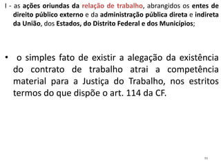 I - as ações oriundas da relação de trabalho, abrangidos os entes de
direito público externo e da administração pública direta e indireta
da União, dos Estados, do Distrito Federal e dos Municípios;
• o simples fato de existir a alegação da existência
do contrato de trabalho atrai a competência
material para a Justiça do Trabalho, nos estritos
termos do que dispõe o art. 114 da CF.
11
 