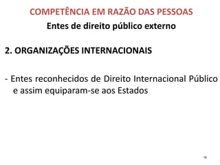 COMPETÊNCIA EM RAZÃO DAS PESSOAS
Entes de direito público externo
2. ORGANIZAÇÕES INTERNACIONAIS
- Entes reconhecidos de Direito Internacional Público
e assim equiparam-se aos Estados
16
 