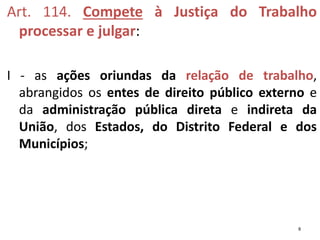 Art. 114. Compete à Justiça do Trabalho
processar e julgar:
I - as ações oriundas da relação de trabalho,
abrangidos os entes de direito público externo e
da administração pública direta e indireta da
União, dos Estados, do Distrito Federal e dos
Municípios;
8
 