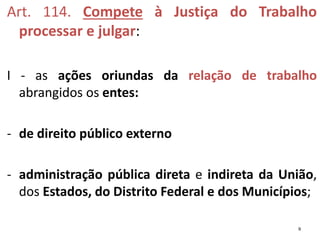 Art. 114. Compete à Justiça do Trabalho
processar e julgar:
I - as ações oriundas da relação de trabalho
abrangidos os entes:
- de direito público externo
- administração pública direta e indireta da União,
dos Estados, do Distrito Federal e dos Municípios;
9
 