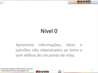 Nível 0 
Apresenta informações, fatos e 
opiniões não relacionados ao tema e 
sem defesa de um ponto de vista. 
21 
Coordenador Regional: Walter Alencar de Sousa 
maranhaoprofissionaluresjp.blogspot.com 
 