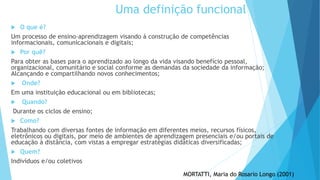  O que é? 
Um processo de ensino-aprendizagem visando à construção de competências 
informacionais, comunicacionais e digitais; 
 Por quê? 
Para obter as bases para o aprendizado ao longo da vida visando benefício pessoal, 
organizacional, comunitário e social conforme as demandas da sociedade da informação; 
Alcançando e compartilhando novos conhecimentos; 
 Onde? 
Em uma instituição educacional ou em bibliotecas; 
 Quando? 
Durante os ciclos de ensino; 
 Como? 
Trabalhando com diversas fontes de informação em diferentes meios, recursos físicos, 
eletrônicos ou digitais, por meio de ambientes de aprendizagem presenciais e/ou portais de 
educação à distância, com vistas a empregar estratégias didáticas diversificadas; 
 Quem? 
Indivíduos e/ou coletivos 
Uma definição funcional 
MORTATTI, Maria do Rosario Longo (2001) 
 