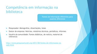 Competência em informação na 
biblioteca 
 Pesquisador: Monografias, dissertações, teses 
 Gestor de empresa: Noticias, relatórios técnicos, periódicos, informes 
 Usuário da comunidade: Fontes didáticas, de notícia, material de 
referencia 
http://www.pesquisamundi.org/2011/08/fontes-de-informacao-na-web. 
html 
Fontes de Informação diferentes para 
usuários diferentes 
 