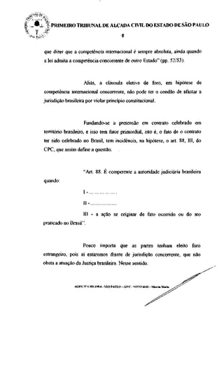<"
 -    -, r
I _ * i  PRIMEIRO TRIBUNAL DE ALÇADA CIVIL DO ESTADO DE SÃO PAULO
    í *

        que dizer que a competência internacional é sempre absoluta, ainda quando
        a lei admita a competência concorrente de outro Estado" (pp. 52/53).



                             Aliás, a cláusula eletiva de foro, em hipótese de
        competência internacional concorrente, não pode ter o condão de afastar a
       jurisdição brasileira por violar princípio constitucional.



                             Fundando-se a pretensão em contrato celebrado em
        território brasileiro, e isso tem fator primordial, isto é, o fato de o contrato
        ter sido celebrado no Brasil, tem incidência, na hipótese, o art. 88, III, do
        CPC, que assim define a questão:



                             "Art. 88. É competente a autoridade judiciária brasileira

        quando:

                             1-

                             II-

                             III - a ação se originar de fato ocorrido ou do ato
       praticado no Brasil".



                            Pouco importa que as partes tenham eleito foro
       estrangeiro, pois aí estaremos diante de jurisdição concorrente, que não
       obsta a atuação da Justiça brasileira. Nesse sentido:



                       AGRV..V 1.181.198-6 - SÃO PAULO - 32 VC - VOTO 6642 - Márcia Maria
 
