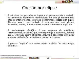 Coesão por elipse 
• A estrutura dos períodos na língua portuguesa permite a omissão 
de elementos facilmente identificáveis ou que já tenham sido 
citados anteriormente, estratégia denominada coesão por elipse. 
Algumas vezes, essa omissão é marcada por uma vírgula. 
Pronomes, verbos, nomes e frases inteiras podem estar implícitos. 
A metodologia científica é um conjunto de atividades 
sistematizadas, racionais, que, com segurança e economia, permite 
que os objetivos sejam atingidos. Implica a concepção das ideias 
quanto à delimitação do problema dentro do assunto. 
A palavra “Implica” tem como sujeito implícito “A metodologia 
científica”. 
10 
Coordenador Regional: Walter Alencar de Sousa 
maranhaoprofissionaluresjp.blogspot.com 
 