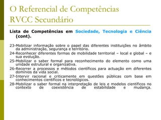 O Referencial de Competências RVCC Secundário Lista de Competências em  Sociedade, Tecnologia e Ciência  (cont). 23-Mobilizar informação sobre o papel das diferentes instituições no âmbito da administração, segurança e território. 24-Reconhecer diferentes formas de mobilidade territorial – local e global – e sua evolução. 25-Mobilizar o saber formal para reconhecimento do elemento como uma unidade estrutural e organizativa. 26-Recorrer a processos e métodos científicos para actuação em diferentes domínios da vida social. 27-Intervir racional e criticamente em questões públicas com base em conhecimentos científicos e tecnológicos. 28-Mobilizar o saber formal na interpretação de leis e modelos científicos no contexto de coexistência de estabilidade e mudança. 