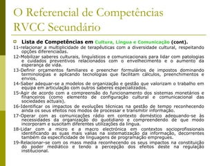 O Referencial de Competências RVCC Secundário Lista de Competências em  Cultura, Língua e Comunicação  (cont). 11-relacionar a multiplicidade de terapêuticas com a diversidade cultural, respeitando opções diferenciadas. 12-Mobilizar saberes culturais, linguísticos e comunicacionais para lidar com patologias e cuidados preventivos relacionados com o envelhecimento e o aumento da esperança de vida. 13-Definir orçamentos familiares e preencher formulários de impostos dominando terminologias e aplicando tecnologias que facilitam cálculos, preenchimentos e envios. 14-Saber adequar-se a modelos de organização e gestão que valorizam o trabalho em equipa em articulação com outros saberes especializados. 15-Agir de acordo com a compreensão do funcionamento dos sistemas monetários e financeiros (como elemento de configuração cultural e comunicacional das sociedades actuais). 16-Identificar os impactos de evoluções técnicas na gestão de tempo reconhecendo ainda os seus efeitos nos modos de processar e transmitir informação. 17-Operar com as comunicações rádio em contexto doméstico adequando-se às necessidades da organização do quotidiano e compreendendo de que modo incorporam e suscitam diferentes utilizações da língua. 18-Lidar com a micro e a macro electrónica em contextos socioprofissionais identificando as suas mais valias na sistematização da informação, decorrentes também da especificidade de linguagens de programação empregues. 19-Relacionar-se com os mass media reconhecendo os seus impactos na constituição do poder mediático e tendo a percepção dos efeitos deste na regulação institucional.  