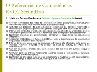 O Referencial de Competências RVCC Secundário Lista de Competências em  Cultura, Língua e Comunicação  (cont). 20-Receber os impactos das redes de Internet nos hábitos perceptivos, desenvolvendo uma atitude crítica face aos conteúdos aí disponibilizados. 21-Participar no processo de planeamento e construção de edifícios recorrendo a terminologias próprias e procurando garantir condições para as práticas de lazer. 22-Intervir em contextos profissionais considerando a ruralidade ou urbanidade que os envolvem e procurando retirar daí benefícios para a integração socioprofissional. 23-Identificar sistemas de administração territorial e respectivos funcionamentos integrados. 24-Relacionar mobilidades e fluxos migratórios com a disseminação de patrimónios linguísticos culturais e seus impactos. 25-Intervir tendo em conta que os percursos individuais são afectados pela posse de diversos recursos, incluindo competências ao nível da cultura, da língua e da comunicação. 26-Agir em contextos profissionais, com recurso aos saberes em cultura, língua e comunicação. 27-Formular opiniões críticas mobilizando saberes vários e competências culturais, linguísticas e comunicacionais. 28-Identificar os principais factores que influenciam a mudança social, reconhecendo nessa mudança o papel da cultura, da língua e da comunicação.  