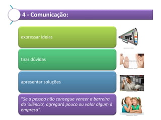 4 - Comunicação:

expressar ideias

tirar dúvidas

apresentar soluções
“Se a pessoa não consegue vencer a barreira
do ‘silêncio’, agregará pouco ou valor algum à
empresa”.

 
