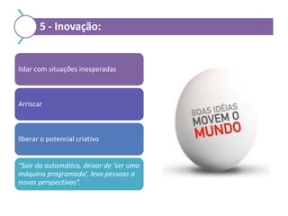5 - Inovação:

lidar com situações inesperadas

Arriscar

liberar o potencial criativo
“Sair do automático, deixar de ‘ser uma
máquina programada’, leva pessoas a
novas perspectivas”.

 
