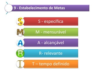 9 - Estabelecimento de Metas

S - específica

M - mensurável
A - alcançável

R- relevante
T – tempo definido

 