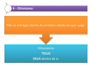 6 - Otimismo:

Não se entregar diante do primeiro obstáculo que surge.

Entusiasmo
TESUS
DEUS dentro de si.

 