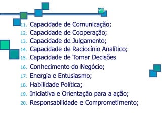 Principais Atributos:
11.   Capacidade de Comunicação;
12.   Capacidade de Cooperação;
13.   Capacidade de Julgamento;
14.   Capacidade de Raciocínio Analítico;
15.   Capacidade de Tomar Decisões
16.   Conhecimento do Negócio;
17.   Energia e Entusiasmo;
18.   Habilidade Política;
19.   Iniciativa e Orientação para a ação;
20.   Responsabilidade e Comprometimento;
 