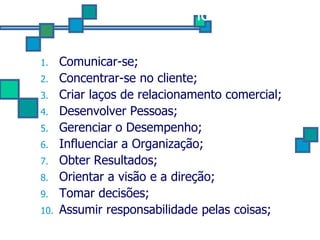 Principais Práticas:

1.    Comunicar-se;
2.    Concentrar-se no cliente;
3.    Criar laços de relacionamento comercial;
4.    Desenvolver Pessoas;
5.    Gerenciar o Desempenho;
6.    Influenciar a Organização;
7.    Obter Resultados;
8.    Orientar a visão e a direção;
9.    Tomar decisões;
10.   Assumir responsabilidade pelas coisas;
 