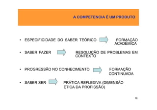 A COMPETENCIA É UM PRODUTO




• ESPECIFICIDADE DO SABER TEÓRICO        FORMAÇÃO
                                        ACADÉMICA

• SABER FAZER          RESOLUÇÃO DE PROBLEMAS EM
                       CONTEXTO


• PROGRESSÃO NO CONHECIMENTO          FORMAÇÃO
                                      CONTINUADA

• SABER SER       PRÁTICA REFLEXIVA (DIMENSÃO
                  ÉTICA DA PROFISSÃO)

                                                   16
 