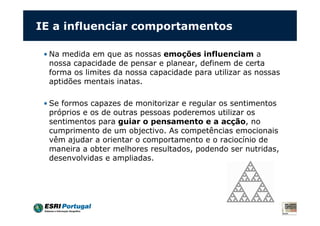 IE a influenciar comportamentos
• Na medida em que as nossas emoções influenciam a
nossa capacidade de pensar e planear, definem de certa
forma os limites da nossa capacidade para utilizar as nossas
aptidões mentais inatas.
• Se formos capazes de monitorizar e regular os sentimentos
próprios e os de outras pessoas poderemos utilizar os
sentimentos para guiar o pensamento e a acção, no
cumprimento de um objectivo. As competências emocionais
vêm ajudar a orientar o comportamento e o raciocínio de
maneira a obter melhores resultados, podendo ser nutridas,
desenvolvidas e ampliadas.
 