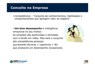 Conceito na Empresa
• Competências – “conjunto de conhecimentos, habilidades e
comportamentos que agregam valor ao negócio”.
• Um bom desempenho é inteligência
emocional no seu melhor.
As emoções são positivadas e alinhadas
com a tarefa em mãos. Mas será o conjunto
das competências pessoais
(puramente técnicas + cognitivas + IE)
que produzirá um desempenho excepcional.
 