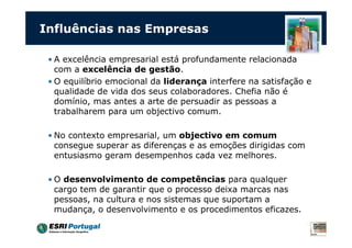 Influências nas Empresas
• A excelência empresarial está profundamente relacionada
com a excelência de gestão.
• O equilíbrio emocional da liderança interfere na satisfação e
qualidade de vida dos seus colaboradores. Chefia não é
domínio, mas antes a arte de persuadir as pessoas a
trabalharem para um objectivo comum.
• No contexto empresarial, um objectivo em comum
consegue superar as diferenças e as emoções dirigidas com
entusiasmo geram desempenhos cada vez melhores.
• O desenvolvimento de competências para qualquer
cargo tem de garantir que o processo deixa marcas nas
pessoas, na cultura e nos sistemas que suportam a
mudança, o desenvolvimento e os procedimentos eficazes.
 