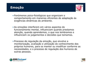 Emoção
• Fenómenos psico-fisiológicos que organizam o
comportamento em maneiras eficientes de adaptação às
exigências dinâmicas do ambiente.
• As emoções interferem em vários aspectos do
funcionamento mental, influenciam quando prestamos
atenção, quando aprendemos, o que nos lembramos e
influenciam os julgamentos e decisões que tomamos.
• Processo de regulação da emoção, que envolve a
monitorização, avaliação e utilização do conhecimento dos
próprios humores, para os manter ou modificar conforme as
necessidades, e o processo de regulação dos humores de
outras pessoas.
 