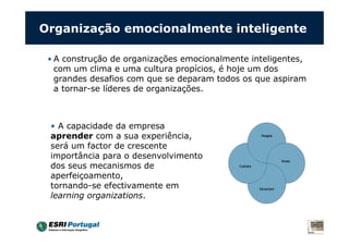 Organização emocionalmente inteligente

 • A construção de organizações emocionalmente inteligentes,
   com um clima e uma cultura propícios, é hoje um dos
   grandes desafios com que se deparam todos os que aspiram
   a tornar-se líderes de organizações.



 • A capacidade da empresa
 aprender com a sua experiência,
 será um factor de crescente
 importância para o desenvolvimento
 dos seus mecanismos de
 aperfeiçoamento,
 tornando-se efectivamente em
 learning organizations.
 