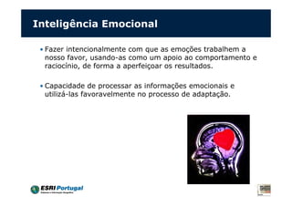 Inteligência Emocional

 • Fazer intencionalmente com que as emoções trabalhem a
   nosso favor, usando-as como um apoio ao comportamento e
   raciocínio, de forma a aperfeiçoar os resultados.

 • Capacidade de processar as informações emocionais e
   utilizá-las favoravelmente no processo de adaptação.
 