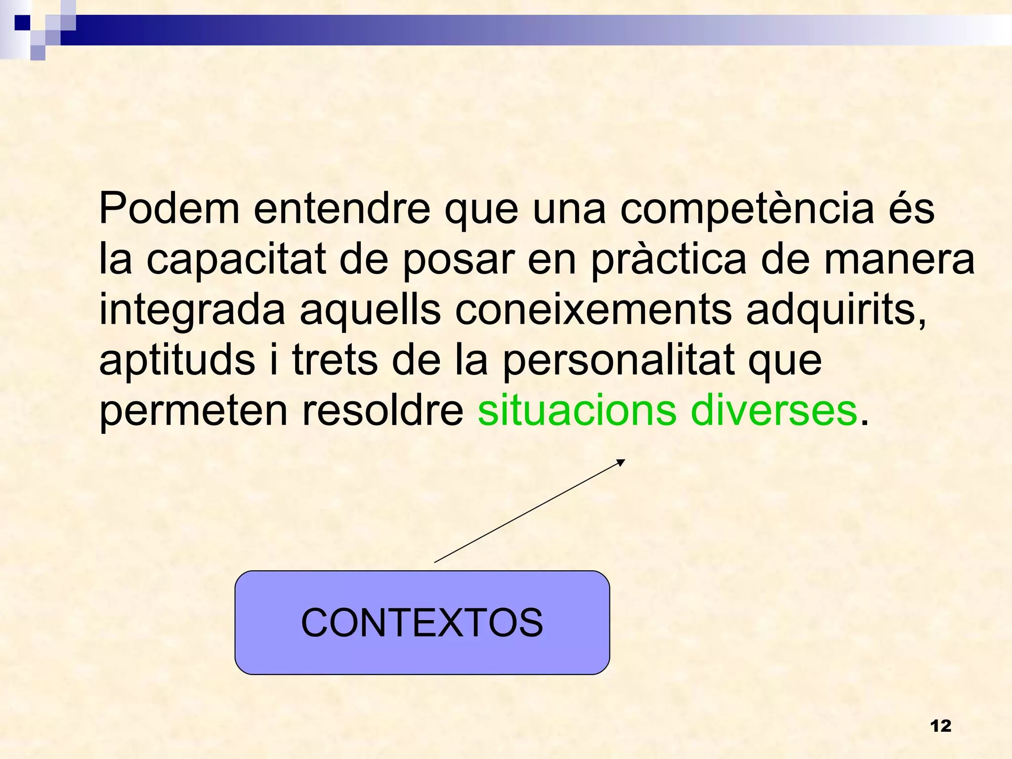 Podem entendre que una competència és la capacitat de posar en pràctica de manera integrada aquells coneixements adquirits, aptituds i trets de la personalitat que permeten resoldre  situacions diverses .  CONTEXTOS 