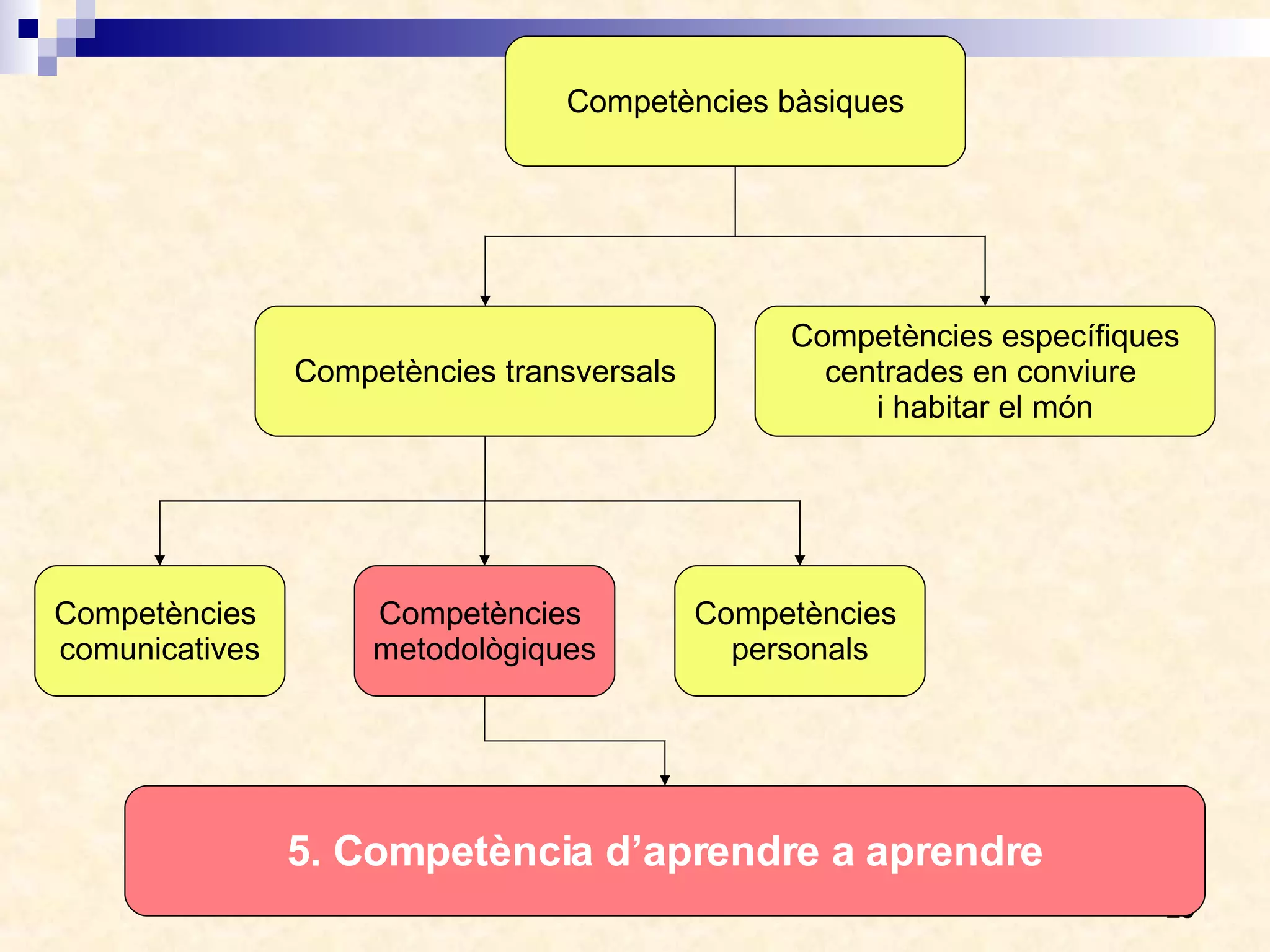 Competències bàsiques Competències transversals Competències específiques centrades en conviure  i habitar el món Competències  personals Competències  comunicatives Competències  metodològiques 5. Competència d’aprendre a aprendre 