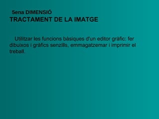 TRACTAMENT DE   LA IMATGE 5ena  DIMENSIÓ •  Utilitzar les funcions bàsiques d'un editor gràfic: fer dibuixos   i gràfics senzills, emmagatzemar i imprimir el treball. 