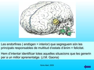 Les endorfines ( endògen = interior) que segreguem són les principals responsables de multitud d’estats d’ànim = felicitat. Hem d’intentar identificar totes aquelles situacions que les generin per a un millor aprenentatge. (J.M. Gaona) 