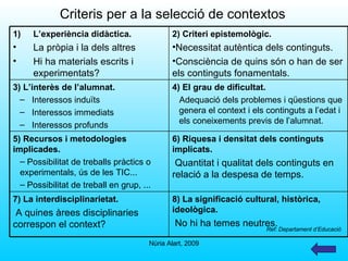 Criteris per a la selecció de contextos  Ref: Departament d’Educació 8) La significació cultural, històrica, ideològica. No hi ha temes neutres.   7) La interdisciplinarietat. A quines àrees disciplinaries correspon el context? 6) Riquesa i densitat dels continguts implicats. Quantitat i qualitat dels continguts en relació a la despesa de temps. ,[object Object],[object Object],[object Object],[object Object],[object Object],[object Object],[object Object],[object Object],[object Object],[object Object],[object Object],[object Object],[object Object],[object Object],[object Object]