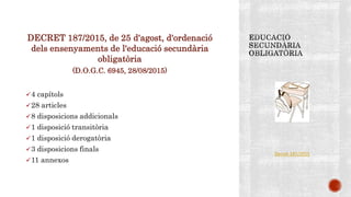 DECRET 187/2015, de 25 d'agost, d'ordenació
dels ensenyaments de l'educació secundària
obligatòria
(D.O.G.C. 6945, 28/08/2015)
4 capítols
28 articles
8 disposicions addicionals
1 disposició transitòria
1 disposició derogatòria
3 disposicions finals
11 annexos
Decret 187/2015
 