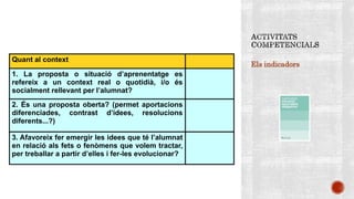 Els indicadors
Quant al context
1. La proposta o situació d’aprenentatge es
refereix a un context real o quotidià, i/o és
socialment rellevant per l’alumnat?
2. És una proposta oberta? (permet aportacions
diferenciades, contrast d’idees, resolucions
diferents...?)
3. Afavoreix fer emergir les idees que té l’alumnat
en relació als fets o fenòmens que volem tractar,
per treballar a partir d’elles i fer-les evolucionar?
 