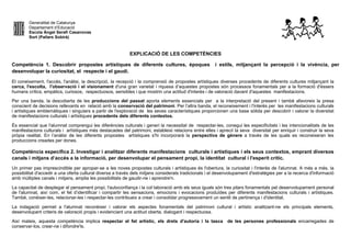 Generalitat de Catalunya
Departament d’Educació
Escola Àngel Serafí Casanovas
Sort (Pallars Sobirà)
EXPLICACIÓ DE LES COMPETÈNCIES
Competència 1. Descobrir propostes artístiques de diferents cultures, èpoques i estils, mitjançant la percepció i la vivència, per
desenvolupar la curiositat, el respecte i el gaudi.
El coneixement, l'accés, l'anàlisi, la descripció, la recepció i la comprensió de propostes artístiques diverses procedents de diferents cultures mitjançant la
cerca, l'escolta, l'observació i el visionament d'una gran varietat i riquesa d’aquestes propostes són processos fonamentals per a la formació d'éssers
humans crítics, empàtics, curiosos, respectuosos, sensibles i que mostrin una actitud d'interès i de valoració davant d'aquestes manifestacions.
Per una banda, la descoberta de les produccions del passat aporta elements essencials per a la interpretació del present i també afavoreix la presa
conscient de decisions rellevants en relació amb la conservació del patrimoni. Per l’altra banda, el reconeixement i l'interès per les manifestacions culturals
i artístiques emblemàtiques i singulars a partir de l'exploració de les seves característiques proporcionen una base sòlida per descobrir i valorar la diversitat
de manifestacions culturals i artístiques procedents dels diferents contextos.
És essencial que l'alumnat comprengui les diferències culturals i generi la necessitat de respectar-les, conegui les especificitats i les intencionalitats de les
manifestacions culturals i artístiques més destacades del patrimoni, estableixi relacions entre elles i apreciï la seva diversitat per enriquir i construir la seva
pròpia realitat. En l’anàlisi de les diferents propostes artístiques s'hi incorporarà la perspectiva de gènere a través de les quals es reconeixeran les
produccions creades per dones.
Competència específica 2. Investigar i analitzar diferents manifestacions culturals i artístiques i els seus contextos, emprant diversos
canals i mitjans d’accés a la informació, per desenvolupar el pensament propi, la identitat cultural i l'esperit crític.
Un primer pas imprescindible per apropar-se a les noves propostes culturals i artístiques és l'obertura, la curiositat i l'interès de l'alumnat. A més a més, la
possibilitat d'accedir a una oferta cultural diversa a través dels mitjans considerats tradicionals i el desenvolupament d'estratègies per a la recerca d'informació
amb múltiples canals i mitjans, amplia les possibilitats de gaudir-ne i aprendre'n.
La capacitat de desplegar el pensament propi, l'autoconfiança i la col·laboració amb els seus iguals són tres pilars fonamentals pel desenvolupament personal
de l'alumnat, així com, el fet d’identificar i compartir les sensacions, emocions i evocacions produïdes per diferents manifestacions culturals i artístiques.
També, conèixer-les, relacionar-les i respectar-les contribueix a crear i consolidar progressivament un sentit de pertinença i d'identitat.
La indagació permet a l'alumnat reconèixer i valorar els aspectes fonamentals del patrimoni cultural i artístic analitzant-ne els principals elements,
desenvolupant criteris de valoració propis i evidenciant una actitud oberta, dialogant i respectuosa.
Així mateix, aquesta competència implica respectar el fet artístic, els drets d'autoria i la tasca de les persones professionals encarregades de
conservar-los, crear-ne i difondre'ls.
 