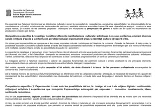 Generalitat de Catalunya
Departament d’Educació
Escola Àngel Serafí Casanovas
Sort (Pallars Sobirà)
És essencial que l'alumnat comprengui les diferències culturals i generi la necessitat de respectar-les, conegui les especificitats i les intencionalitats de les
manifestacions culturals i artístiques més destacades del patrimoni, estableixi relacions entre elles i apreciï la seva diversitat per enriquir i construir la seva
pròpia realitat. En l’anàlisi de les diferents propostes artístiques s'hi incorporarà la perspectiva de gènere a través de les quals es reconeixeran les
produccions creades per dones.
Competència específica 2. Investigar i analitzar diferents manifestacions culturals i artístiques i els seus contextos, emprant diversos
canals i mitjans d’accés a la informació, per desenvolupar el pensament propi, la identitat cultural i l'esperit crític.
Un primer pas imprescindible per apropar-se a les noves propostes culturals i artístiques és l'obertura, la curiositat i l'interès de l'alumnat. A més a més, la
possibilitat d'accedir a una oferta cultural diversa a través dels mitjans considerats tradicionals i el desenvolupament d'estratègies per a la recerca d'informació
amb múltiples canals i mitjans, amplia les possibilitats de gaudir-ne i aprendre'n.
La capacitat de desplegar el pensament propi, l'autoconfiança i la col·laboració amb els seus iguals són tres pilars fonamentals pel desenvolupament personal
de l'alumnat, així com, el fet d’identificar i compartir les sensacions, emocions i evocacions produïdes per diferents manifestacions culturals i artístiques.
També, conèixer-les, relacionar-les i respectar-les contribueix a crear i consolidar progressivament un sentit de pertinença i d'identitat.
La indagació permet a l'alumnat reconèixer i valorar els aspectes fonamentals del patrimoni cultural i artístic analitzant-ne els principals elements,
desenvolupant criteris de valoració propis i evidenciant una actitud oberta, dialogant i respectuosa.
Així mateix, aquesta competència implica respectar el fet artístic, els drets d'autoria i la tasca de les persones professionals encarregades de
conservar-los, crear-ne i difondre'ls.
De la mateixa manera, és oportú que l’alumnat comprengui les diferències entre les propostes culturals i artístiques, la necessitat de respectar-les i gaudir del
coneixement de les especificitats i intencionalitats més destacades del patrimoni, a través dels seus llenguatges i elements tècnics en diversos mitjans i
suports.
Competència específica 3. Experimentar i crear amb les possibilitats del so, la imatge, el cos i els mitjans digitals i multimodals,
mitjançant activitats i experiències que incorporin l’aprenentatge autoregulat per expressar i comunicar coneixements, idees,
sentiments i emocions.
Avui en dia, experimentar, explorar, conèixer i descobrir les possibilitats dels elements d'expressió de les diferents arts es mostra com una necessitat
imprescindible per assimilar i gaudir de tota producció cultural i artística.
A més, es poden emprar una àmplia quantitat, varietat i diversitat de mitjans i materials en els processos educatius d'ensenyament i aprenentatge, i en la
creació i recepció de propostes artístiques, que permetin un enorme ventall de possibilitats expressives amb els quals poder comunicar i transmetre
 