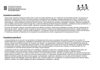 Generalitat de Catalunya
Departament d’Educació
Escola Àngel Serafí Casanovas
Sort (Pallars Sobirà)
Competència específica 7
Desenvolupar aquesta competència implica iniciar un camí de progrés planificat cap a la construcció de personalitats lectores, que passa per la
dedicació d'un temps diari i constant a la lectura individual, acompanyat de les estratègies i bastides adequades per iniciar la configuració de
l'autonomia i la identitat lectora, que haurà de desenvolupar-se al llarg de tota la vida. Per això s’hauria de partir de la configuració d'un corpus de
textos adequat i variat, equilibrant la presència d’autors i autores, i que respongui als interessos i necessitats individuals, i afavoreixi l'apropament
cap a la reflexió sobre els grans reptes de segle XXI, inclosos els Objectius de Desenvolupament Sostenible. La biblioteca escolar pot esdevenir un
punt de trobada fonamental en el qual compartir, reflexionar i expressar preferències personals entorn de la lectura.
És també recomanable configurar comunitats lectores amb referents compartits; desenvolupar estratègies que ajudin l'alumnat a seleccionar els
textos del seu interès, apropiar-se d'ells i compartir de manera personal i creativa la seva experiència personal de lectura, i establir contextos en
què sorgeixin motius per llegir, a partir de reptes d'indagació, i que proposin maneres de vincular afectivament les lectores i lectors amb els textos.
A mesura que s'avanci en l'adquisició de la competència, serà possible anar reduint progressivament l’acompanyament docent.
Competència específica 8
L'educació literària es concep com una aproximació a la literatura des de les seves expressions més senzilles, tant orals com escrites. És
imprescindible afavorir experiències agradables que familiaritzin l'alumnat amb referents literaris i culturals compartits, que incloguin una diversitat
d'autors i autores, de la literatura pròpia i de l’universal, que l’apropin a la representació i interpretació simbòlica i que estableixin les bases per
consolidar l'hàbit lector i una progressiva autonomia lectora. A més, la literatura pot convertir-se en el punt de partida per a la reflexió, també des
d’una perspectiva de gènere, sobre actituds relacionades amb la ciutadania global, la prevenció de la violència o la interculturalitat. De nou,
la participació en comunitats lectores aportarà valor afegit a aquest respecte.
La biblioteca escolar té un paper fonamental com a mediadora i orientadora a l'hora de fer propostes de lectura i dibuixar itineraris lectors. Es
proposa treballar a partir d'una selecció d'obres o textos literaris adequats als interessos i necessitats infantils, en diferents suports,
que es presentaran organitzats al voltant d’itineraris lectors, en funció de diferents criteris (temàtics, per gènere literari, etc.) perquè l’alumnat pugui
establir relacions entre ells i vagi construint, encara de manera incipient, un mapa literari. Aquests textos, a més de ser el punt de partida per a
diferents activitats (escolta de textos; lectura guiada, acompanyada i autònoma, silenciosa o en veu alta, amb l’entonació i el ritme
adequats; lectura dramatitzada, recitat, jocs retòrics, etc.), serviran també com a model per a la creació de textos amb intenció lúdica,
artística i creativa i per establir diàlegs amb altres manifestacions artístiques i culturals.
 