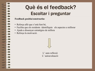 Què és el feedback?
                   Escoltar i preguntar
Feedback positiu/constructiu:

•   Reforça allò que s’està fent bé,
•   Facilita que els residents identifiquin els aspectes a millorar
•   Ajuda a dissenyar estratègies de millora
•   Reforça la motivació.




                               L’ auto reflexió
                               L’ autoavaluació
 