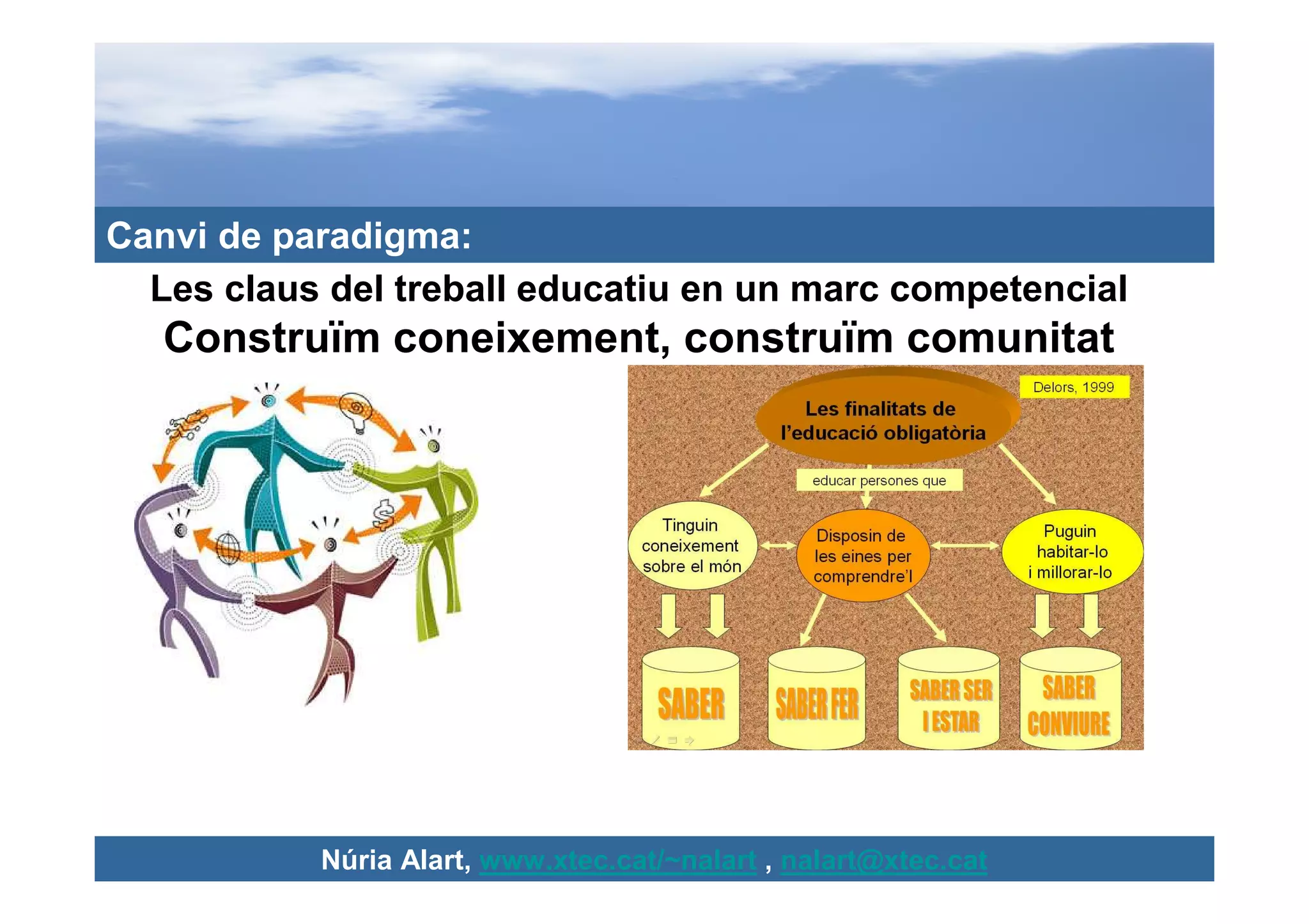 Canvi de paradigma:
  Les claus del treball educatiu en un marc competencial
   Construïm coneixement, construïm comunitat




           Núria Alart, www.xtec.cat/~nalart , nalart@xtec.cat
 