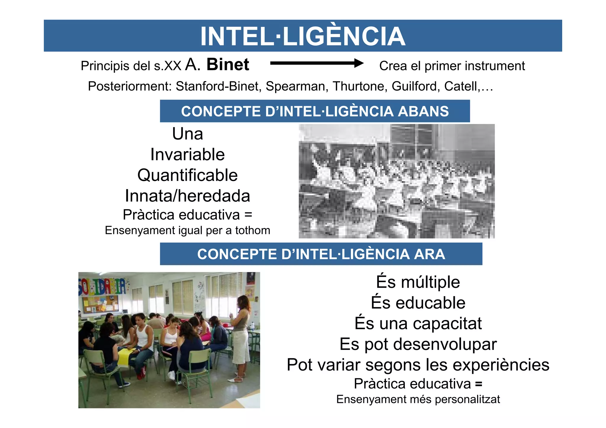 INTEL·LIGÈNCIA
Principis del s.XX A.   Binet                     Crea el primer instrument
 Posteriorment: Stanford-Binet, Spearman, Thurtone, Guilford, Catell,…
                 CONCEPTE D’INTEL·LIGÈNCIA ABANS
             Una
          Invariable
         Quantificable
       Innata/heredada
       Pràctica educativa =
    Ensenyament igual per a tothom

                    CONCEPTE D’INTEL·LIGÈNCIA ARA
                                                 És múltiple
                                                 És educable
                                              És una capacitat
                                            Es pot desenvolupar
                                     Pot variar segons les experiències
                                              Pràctica educativa =
                                           Ensenyament més personalitzat
 