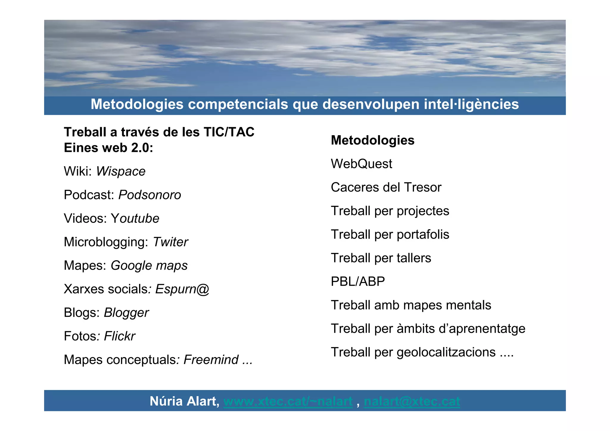 Metodologies competencials que desenvolupen intel·ligències
Treball a través de les TIC/TAC
                                              Metodologies
Eines web 2.0:
                                              WebQuest
Wiki: Wispace
                                              Caceres del Tresor
Podcast: Podsonoro
                                              Treball per projectes
Videos: Youtube
                                              Treball per portafolis
Microblogging: Twiter
                                              Treball per tallers
Mapes: Google maps
                                              PBL/ABP
Xarxes socials: Espurn@
                                              Treball amb mapes mentals
Blogs: Blogger
                                              Treball per àmbits d’aprenentatge
Fotos: Flickr
                                              Treball per geolocalitzacions ....
Mapes conceptuals: Freemind ...


                 Núria Alart, www.xtec.cat/~nalart , nalart@xtec.cat
 