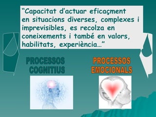 “ Capacitat d’actuar eficaçment  en situacions diverses, complexes i imprevisibles, es recolza en coneixements i també en valors, habilitats, experiència…” PROCESSOS COGNITIUS PROCESSOS EMOCIONALS 