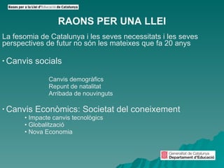 RAONS PER UNA LLEI La fesomia de Catalunya i les seves necessitats i les seves perspectives de futur no són les mateixes que fa 20 anys Canvis socials    Canvis demogràfics    Repunt de natalitat    Arribada de nouvinguts Canvis Econòmics: Societat del coneixement  Impacte canvis tecnològics Globalització Nova Economia 