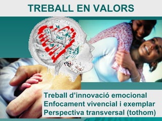 TREBALL EN VALORS Treball d’innovació emocional Enfocament vivencial i exemplar  Perspectiva transversal (tothom) 