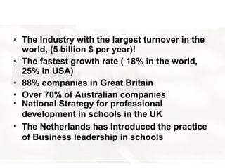 The Industry with the largest turnover in the world , (5  billion  $  per year )!  The fastest growth rate  ( 18%  in the world , 25%  in USA )  88%  companies in Great Britain Over  70%  of Australian companies National Strategy for professional development in schools in the UK The Netherlands has introduced the practice of Business leadership in schools   