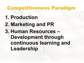 Competitiveness Paradigm Production Marketing and PR Human Resources – Development through continuous learning and Leadership 