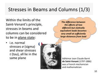 Stresses	
  in	
  Beams	
  and	
  Columns	
  (1/3)	
  	
  
Within	
  the	
  limits	
  of	
  the	
  
Saint-­‐Venant’s	
  principle,	
  
stresses	
  in	
  beams	
  and	
  
columns	
  can	
  be	
  considered	
  
to	
  be	
  in	
  plane	
  state:	
  
	
  
10	
  
The	
  diﬀerence	
  between	
  
the	
  eﬀects	
  of	
  two	
  
diﬀerent	
  but	
  sta6cally	
  
equivalent	
  loads	
  becomes	
  
very	
  small	
  at	
  suﬃciently	
  
large	
  distances	
  from	
  load	
  
Adhémar	
  Jean	
  Claude	
  Barré	
  
de	
  Saint-­‐Venant	
  (1797-­‐1886)	
  
was	
  a	
  French	
  mechanician	
  
and	
  mathemaAcian	
  
•  i.e.	
  normal	
  
stresses	
  σ	
  (sigma)	
  
and	
  shear	
  stresses	
  
τ	
  (tau),	
  all	
  lie	
  in	
  the	
  
same	
  plane	
  
 