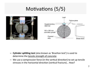 MoAvaAons	
  (5/5)	
  
–  Cylinder	
  spli;ng	
  test	
  (also	
  known	
  as	
  ‘Brazilian	
  test’)	
  is	
  used	
  to	
  
determine	
  the	
  tensile	
  strength	
  of	
  concrete	
  
–  We	
  use	
  a	
  compression	
  force	
  (in	
  the	
  verAcal	
  direcAon)	
  to	
  set	
  up	
  tensile	
  
stresses	
  in	
  the	
  horizontal	
  direcAon	
  (verAcal	
  fracture)…	
  How?	
  
7	
  
 