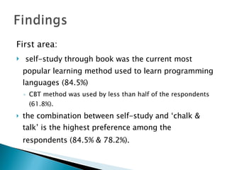 First area: self-study through book was the current most popular learning method used to learn programming languages (84.5%)  CBT method was used by less than half of the respondents (61.8%). the combination between self-study and ‘chalk & talk’ is the highest preference among the respondents (84.5% & 78.2%).   