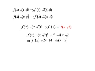 f x x f x x ( ) ( ) ( ) ( ) = + Þ ¢ = + 1 2 1 2 f x x f x ( ) ( ) ( ) = + Þ ¢ = 7 2 f x x f x x ( ) ( ) ( ) ( ) = + Þ ¢ = + 3 2 3 2 2 7 ( ) x + f x x x x f x x x ( ) ( ) ( ) ( ) = + = + + Þ ¢ = + = + 7 14 7 2 14 2 7 2 2 