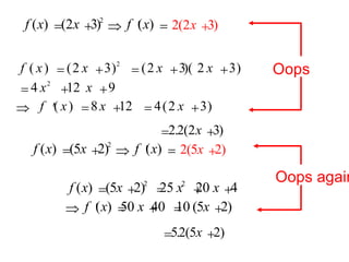 f x x f x ( ) ( ) ( ) = + Þ ¢ = 2 3 2 2 2 3 ( ) x + 2 5 2 ( ) x + f x x x x x x f x x x ( ) ( ) ( )( ) ( ) ( ) = + = + + = + + Þ ¢ = + = + 2 3 2 3 2 3 4 12 9 8 12 4 2 3 2 2 Oops f x x x x f x x x ( ) ( ) ( ) ( ) = + = + + Þ ¢ = + = + 5 2 25 20 4 50 40 10 5 2 2 2 Oops again = + 2 2 2 3 . ( ) x = + 5 2 5 2 . ( ) x f x x f x ( ) ( ) ( ) = + Þ ¢ = 5 2 2 
